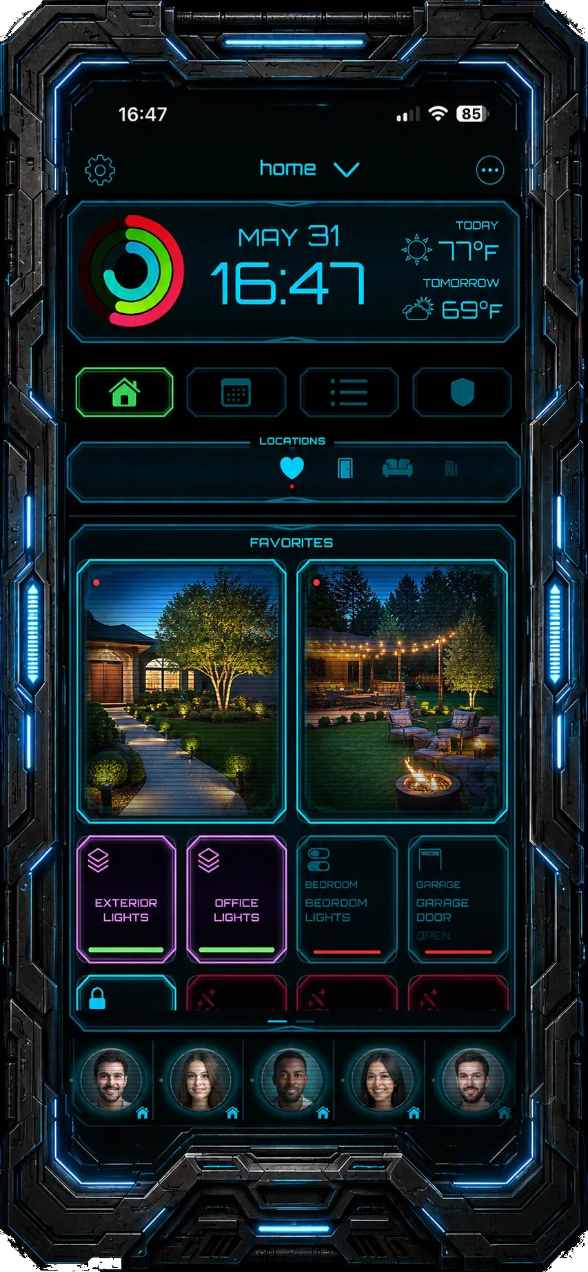 PowerHouz futuristic home dashboard on iPhone